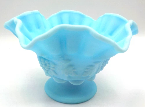 Vintage Westmoreland Footed Blue Satin MilkGlass Dish-Crimped Edge Grape