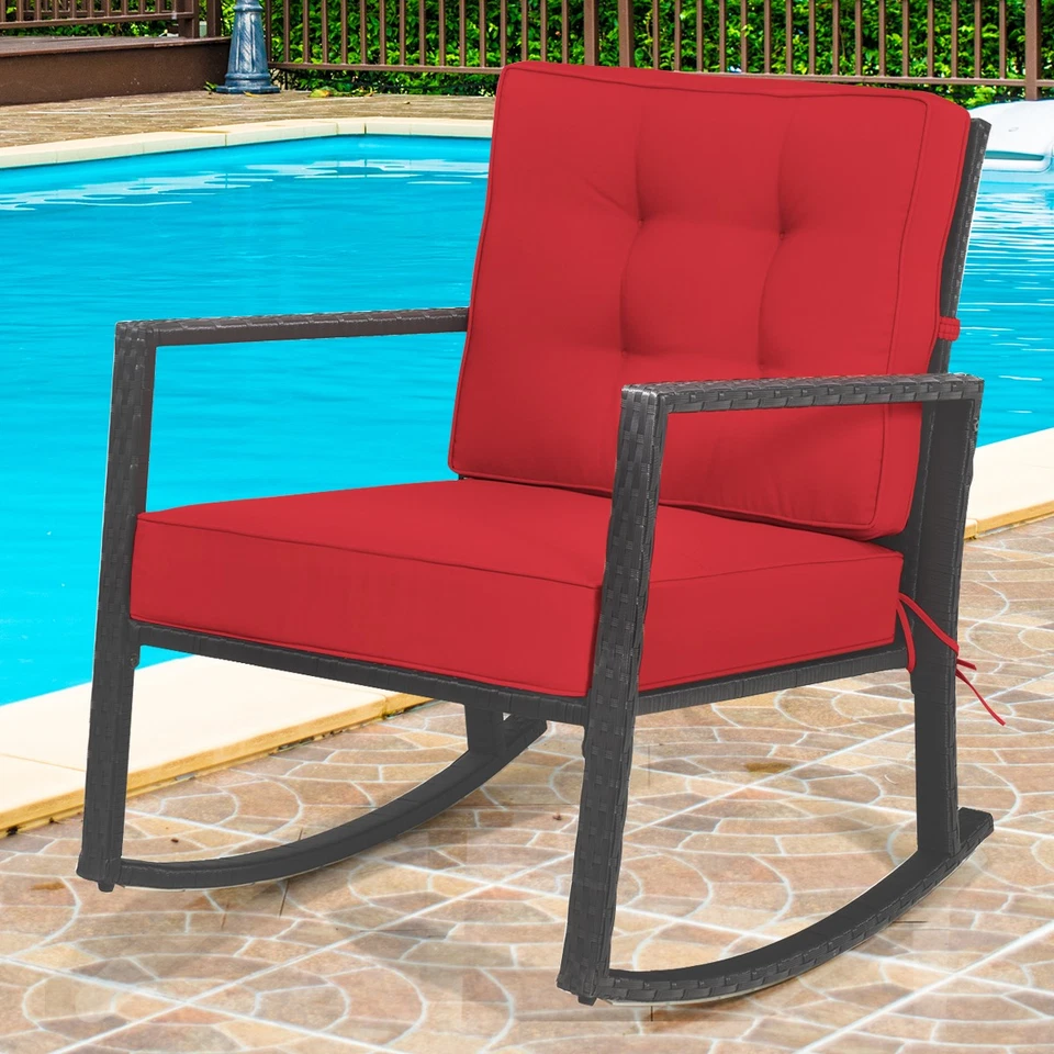 Patiojoy Silla Balancín Ratán Patio Planeador Mimbre Mecedora Cojín Césped Rojo Foto 4 de 4