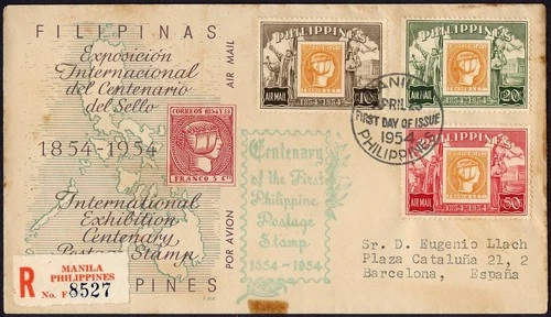 (JC172) PHILIPPINES - 1954 ISABELLA FIRST ISSUE FDC. USED TO SPAIN