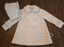 Rare True 80's Vintage Little World Girls Toddler 2 White Peacoat Coat & Bonnet 