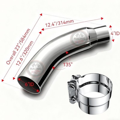4'' Inlet 6'' Outlet Diesel Exhaust Turndown Elbow Pipe Stainless Steel 23'' Long