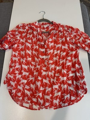 Anthropologie X Emily Isabella Viscose Poodle Dog And Cat Print Red Blouse Sz M