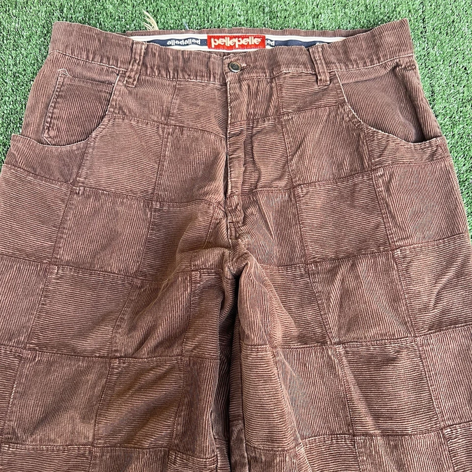 Vintage Y2K Men Pelle Pelle Brown Corduroy Patchwork Baggy Wide-Leg Pants 36x33" - Image 4 of 4