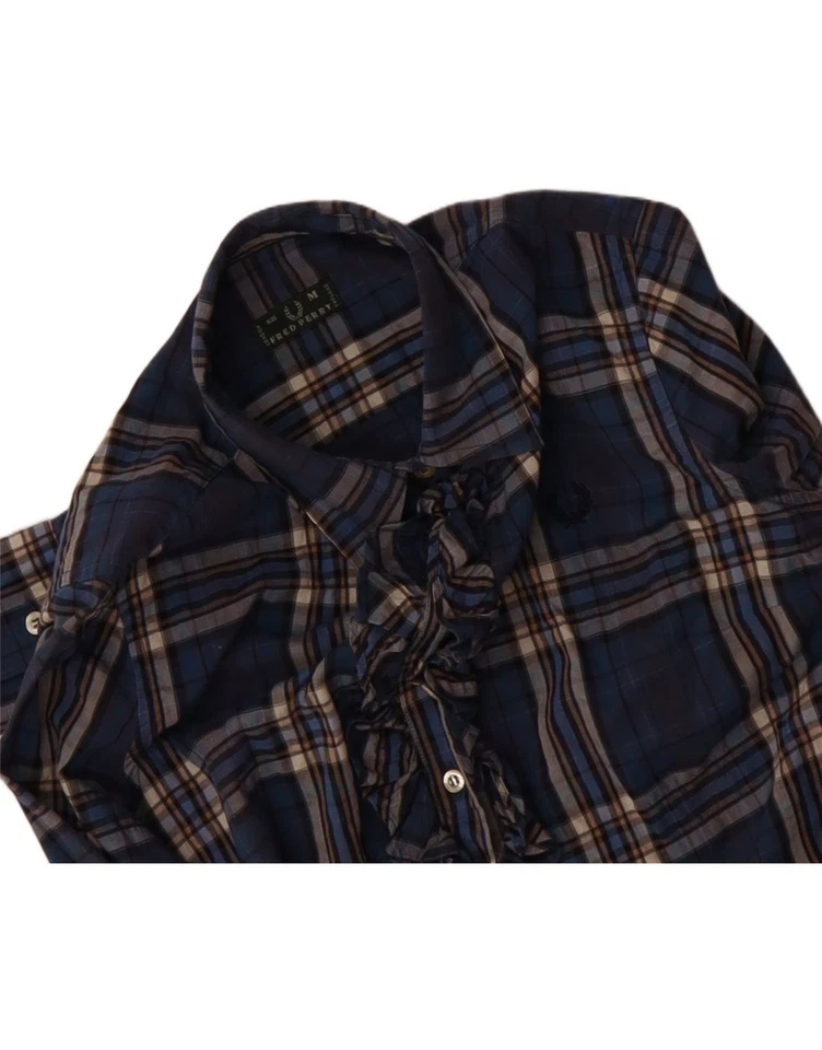 Camisa FRED PERRY Mujer Volantes Frontales Reino Unido 12 Mediana Azul Cuadros Algodón AT07 Foto 3 de 3