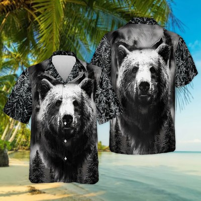 Black and White Wild Grizzly Bear Hawaiian Shirt Nature Animal Gift