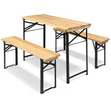Folding Picnic Table Set with Benches, 4FT Wooden Trestle Beer Table for Camping