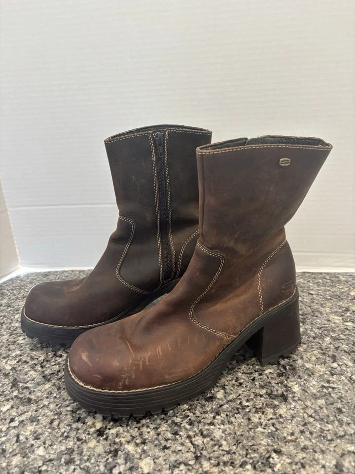 Vintage Sketchers Chunky Block Heel Boots Leather Sz9 Platforms Y2K 90s Bratz - Image 2 of 4