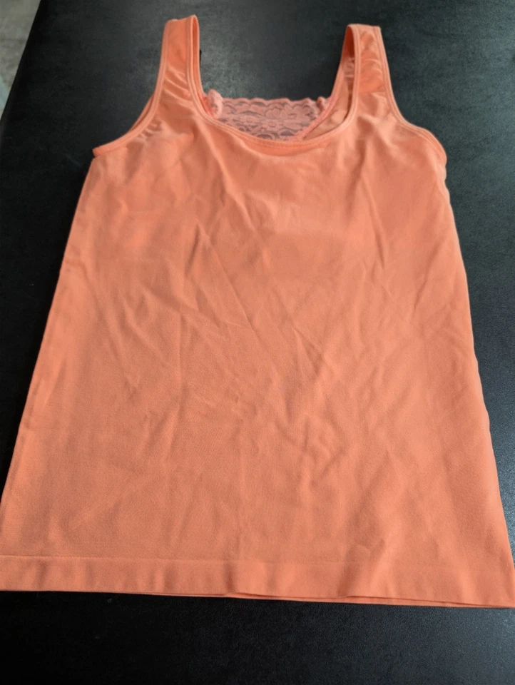 Camiseta sin mangas Rhonda Shear para mujer mandarina encaje cami ropa moldeadora talla grande usada en excelente estado Foto 3 de 4