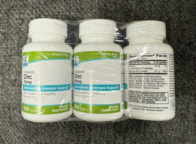3 New Quality Choice Zinc 50 Mg (Chelated) Tablets, 100 Each Bottle Exp 2/2028