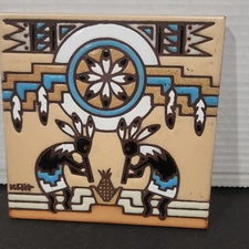 Vintage Earthtones 1996 Handcrafted Ceramic Tile Trivet Two Kokopelli Figures