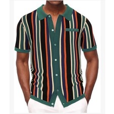 Paul Jones Mens Vertical Stripe Knit Polo Shirt Green Orange Button Down New M