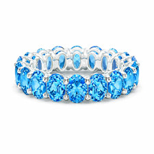 Swiss Blue Topaz Oval 6x4mm Eternity Band Ring 925 Silver With Rhodium Plated
