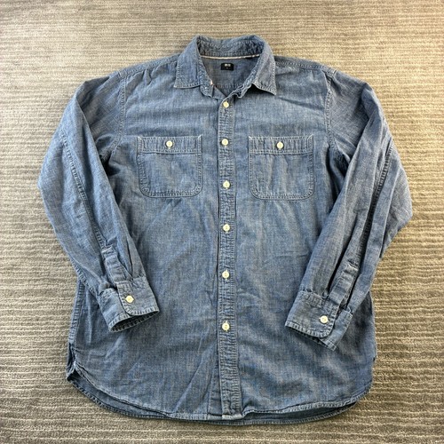 Uniqlo, Uniqlo Shirt Mens Large Blue Chambray Cotton Button Up Double Pocket Workshirt
