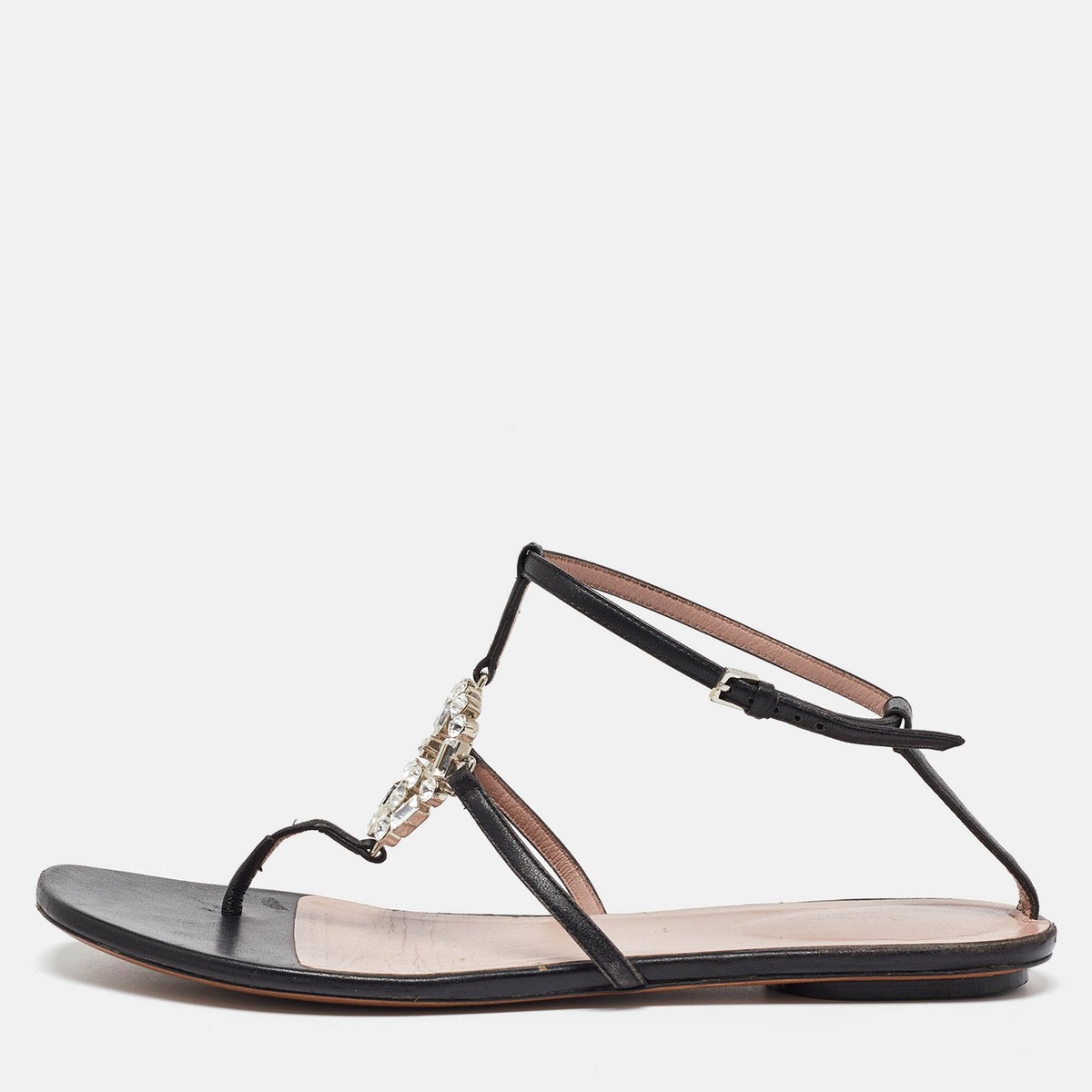 サンダル・ミュール GUCCI Black Leather Sandals Gucci Black Leather Crystal Embellished GG Thong Flat