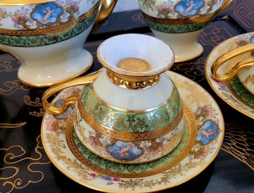 Limoges Green Gold Encrusted Cupid Tea Pot Cup & Saucer Creamer Sugar Bowl 6 Set - Picture 20 of 24