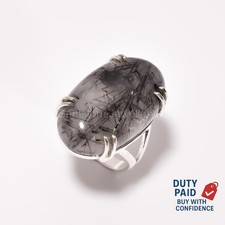 925 Sterling Silver Genuine Black Rutile Quartz Wife Trendy Ring Jewelry Size 10