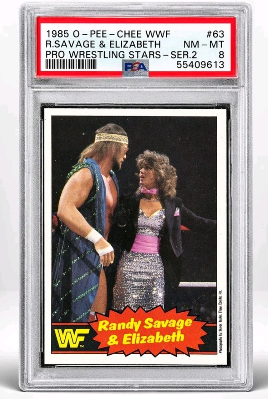 1985 O-Pee-Chee WWF #63 Randy Savage & Miss Elizabeth PSA 8 NM-MT Wrestling Card view 2