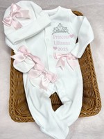 NEWBORN baby Girl sleepsuit hat mittens Princess Pink Bows ￼ personalised