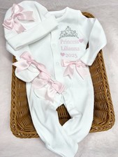 NEWBORN baby Girl sleepsuit hat mittens Princess Pink Bows ? personalised
