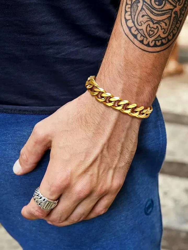 Brazalete de cadena de eslabones cubanos de oro para hombre de acero inoxidable de oro de 18 quilates de 12 mm de ancho Chu... Foto 2 de 4