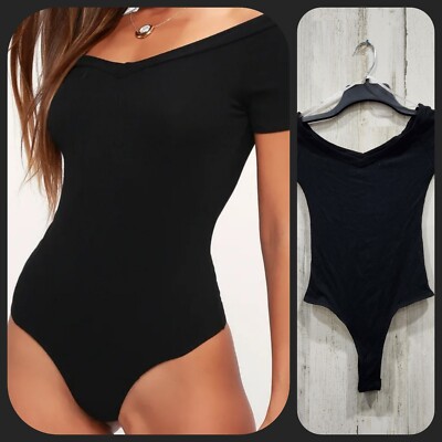 LULUS Sandpiper Black Ribbed Off the Shoulder Bodysuit Size XS**NWOT**