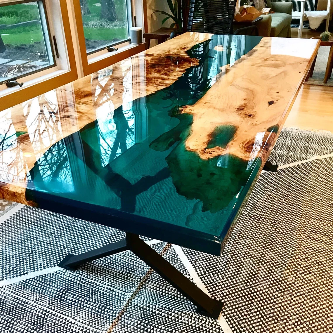 Epoxy Table, Live Edge Natural Wooden Table, Walnut Resin River Dining  Table Top