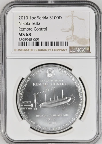 :2019 100 DINAR/1OZ SILVER SERBIA NGC MS68 TESLA REMOTE CONTROL RARE R3 LOW POP