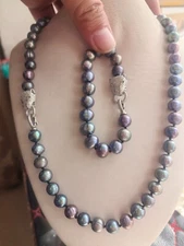 10-11MM natural Tahitian black  pearl necklace + Bracelet set 18IN