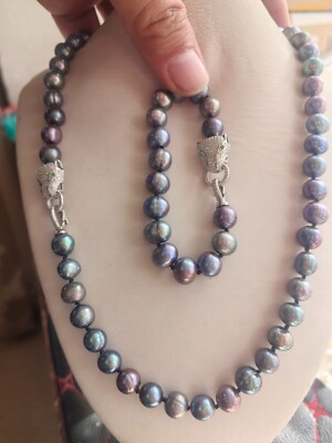 10-11MM natural Tahitian black  pearl necklace + Bracelet set 18IN