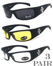 3 PAIRS Combo Choppers Motorcycle Riding Wrap Sunglasses Smoke, Yellow or Clear