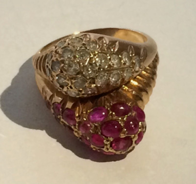 14KT ROSÉGOLD DIAMANT & RUBIN DOPPELKOPF SCHLANGENRING. GRÖSSE K.1/2 7,89 GRAMM. LOT