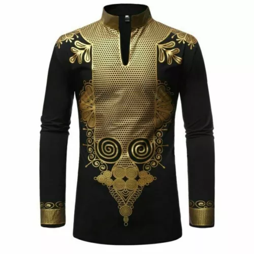 Hot Men Print Shirt African Dashiki Luxury Tribal Metallic Gold Top Blouse Shirt - Picture 5 of 17