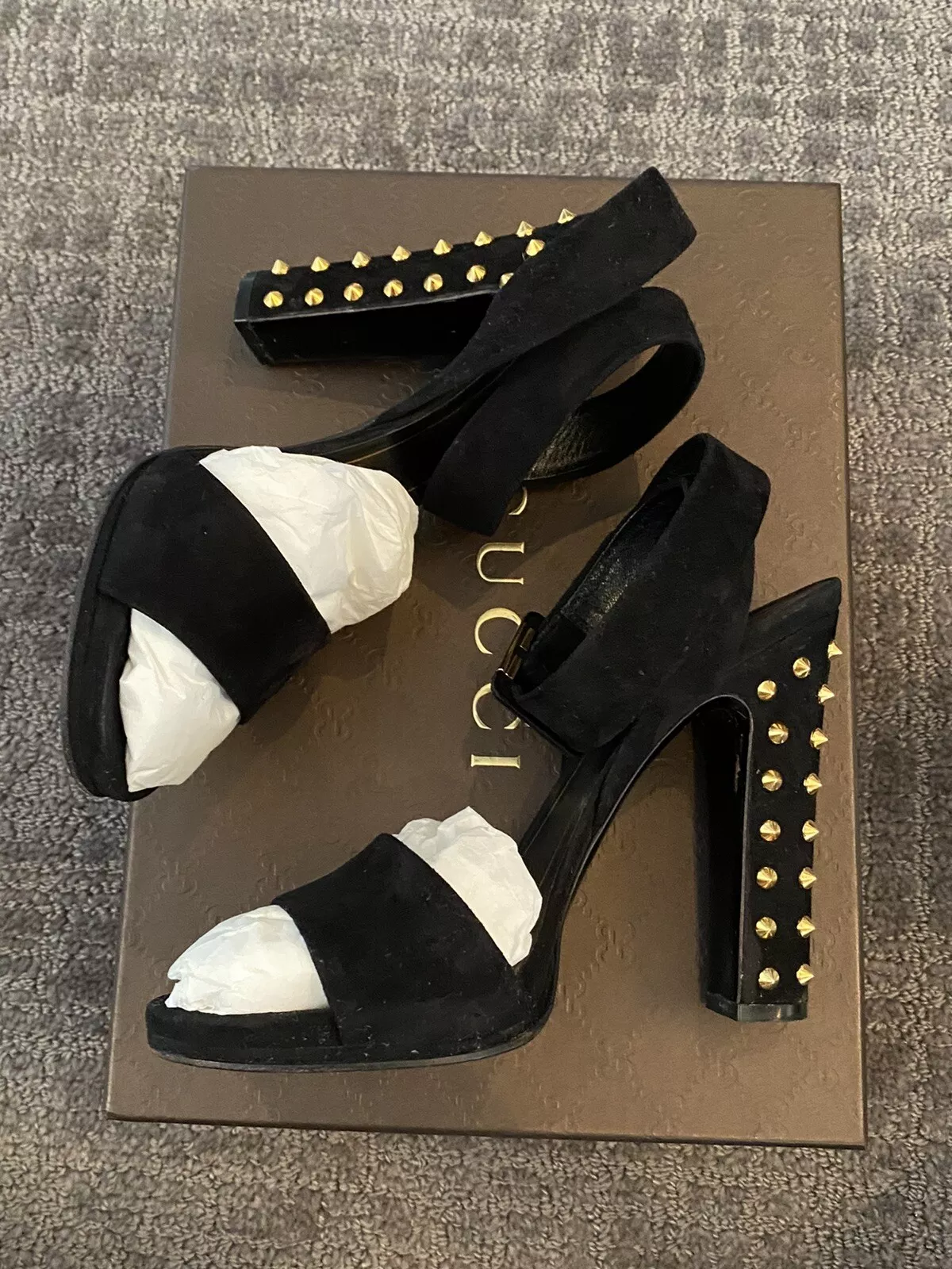 Women’s Designer Gucci Black Suede Scamosciato Nero Gold Studded Heels