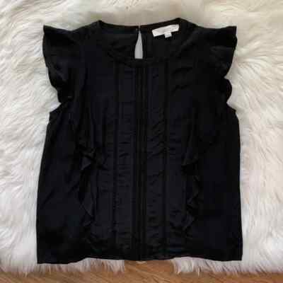NWT LOFT Black Ruffle Flutter Sleeve Top Womens XS Crochet