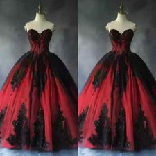 Gothic Black and Red Wedding Dresses V Neck Lace Applique A Line Bridal Gowns