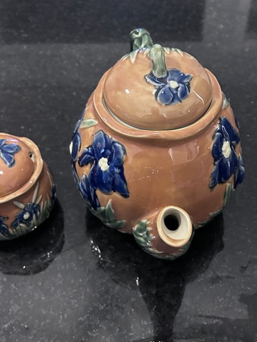 Vintage Hand Painted Ceramic Teapot & Sugar Bowl Set Blue Iris Raised Glaze - Picture 9 of 15