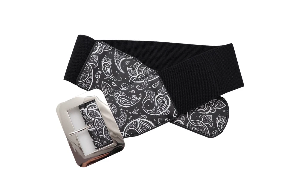 Женский широкий черный эластичный пояс с серебряной металлической пряжкой с принтом пейсли S M - Изображение 2 из 4