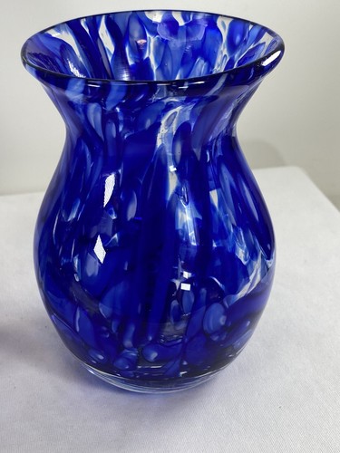 Hand Blown Beautiful Blue & White Swirled 5" Tall Art Glass Vases- Set of 2 - Picture 10 of 24