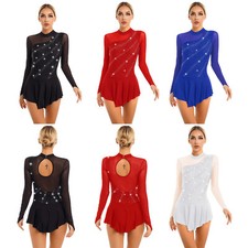Women Long Sleeve Figure Ice Skating Dress Rhinestone Ballet Dance Leotard Dress