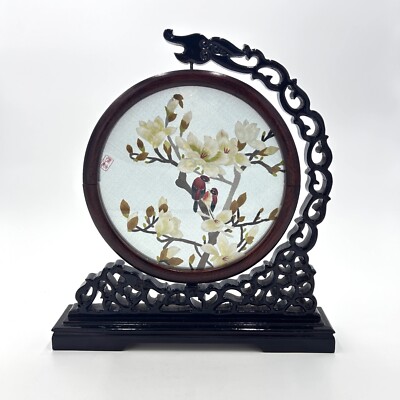 Asian Needlework Panel Double Sided Silk Embroidery in a Spinning Wooden Frame