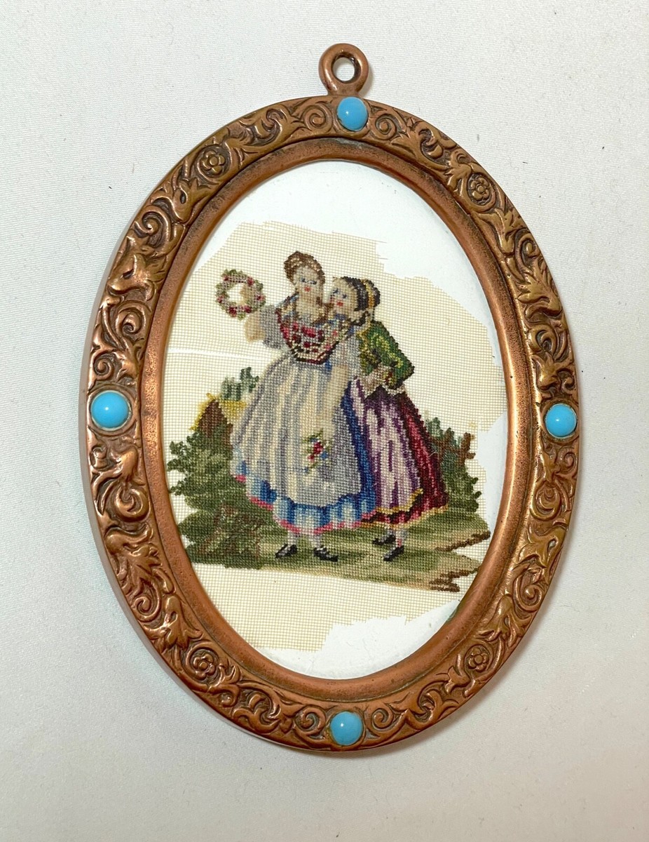 antique 1800s European petite point needlepoint sampler art bronze