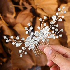 Wedding Flower Hair Comb Silver Pearl Rhinestone Bride Hair Side Combs Bridal...
