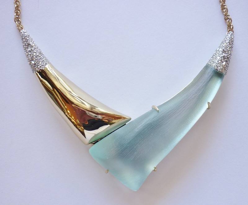 Necklace Signed AB Alexis Bittar Light Blue Lucite Gold Tone Rhinestone