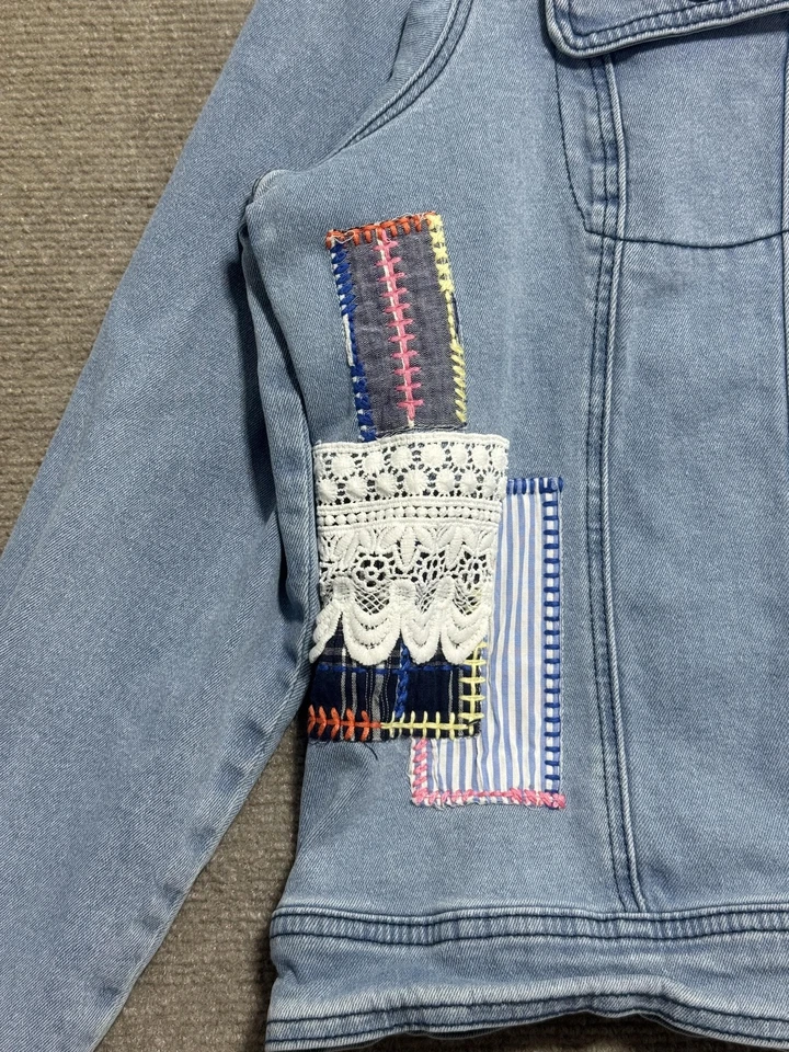 Cactus + Pearl Denim Jacket Womens Large Light Wash Patchwork Lace MS-15711 - Image 2 of 4
