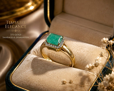 375 Gelbgoldring mit rechteckigem Smaragd & Diamant-Halo, Gr. 52
