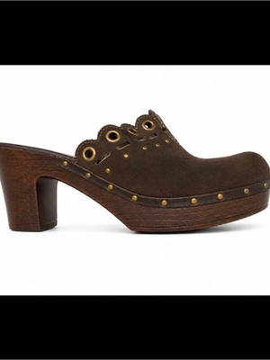 Women's Brown Suede Studded Wood-Effect Clog Heels SZ 6.5 open back 70's style
