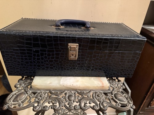 Vintage 1970s - Carrying Case Storage - Faux Blue Crocodile Skin