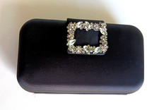 Badgley Mischka Black Satin Hardshell Clutch Rhinestone Clasp Evening Bag Strap