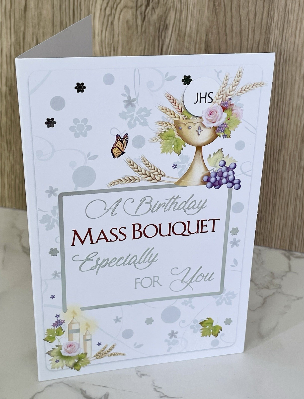 Floral Birthday Mass Bouquet Card Chalice Silver Stamped & Embossed Catholic