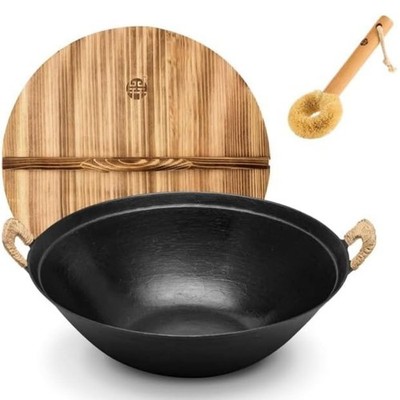 14.2'' Cast Iron Wok with Lid, Dual Handles - Flat Bottom Chinese Stir Fry Pan...